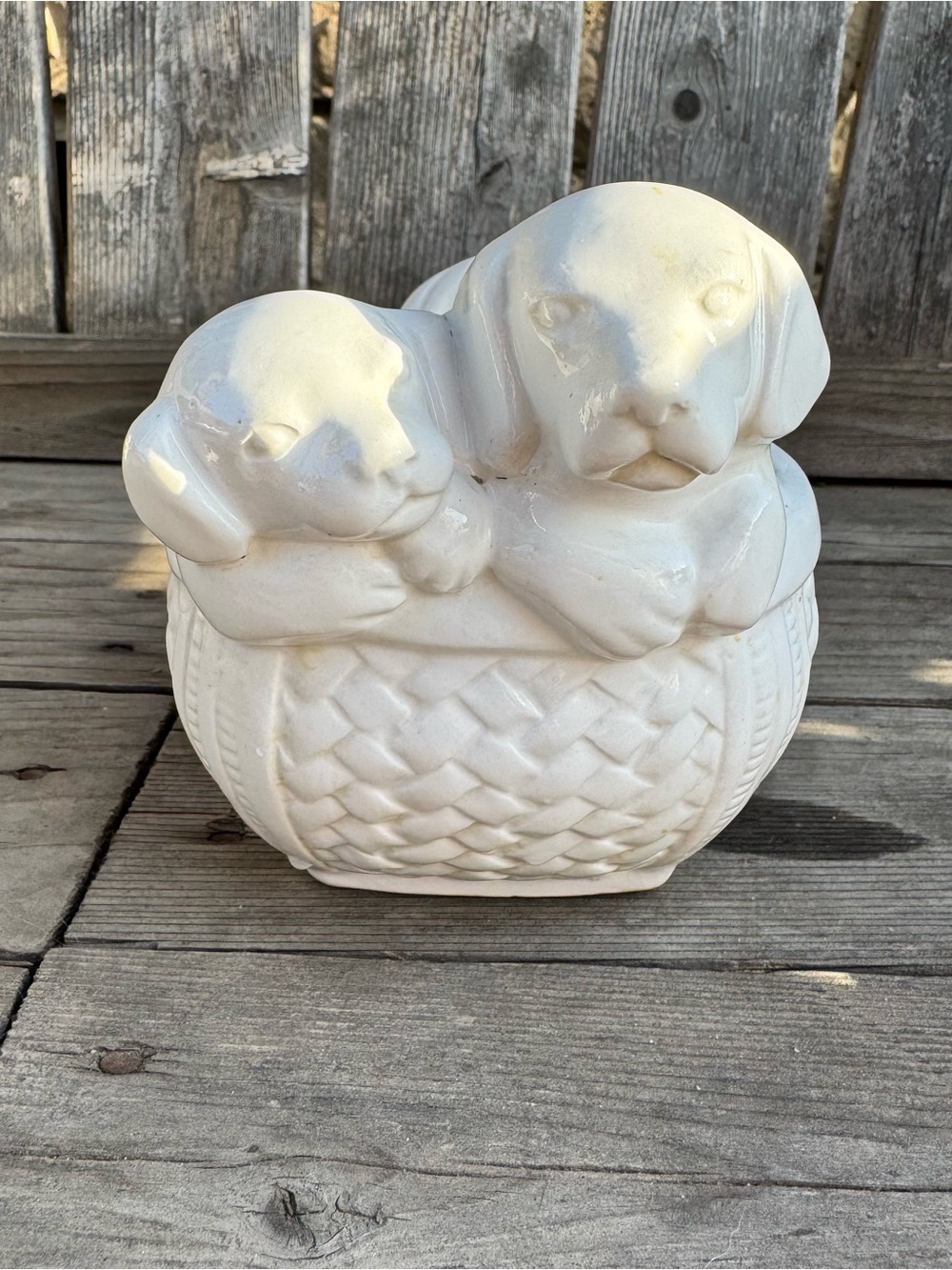 Vintage White Ceramic Basket Puppy Dog Planter MCM